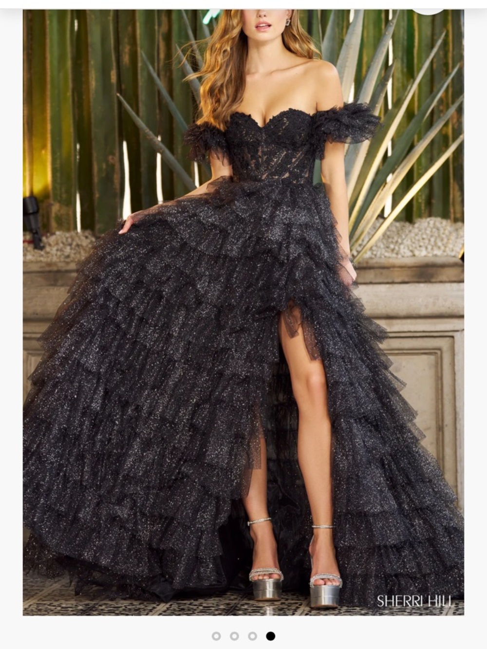 NWT Sherri Hill Black Sparkle Ruffled High-Slit Gown